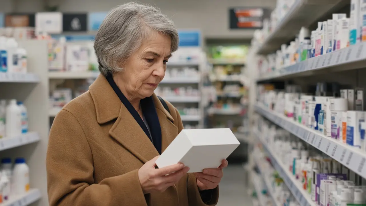 A woman in a pharmacy aisle reading a plain box