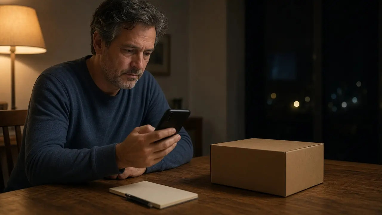 An adult son reordering from a phone beside a plain box
