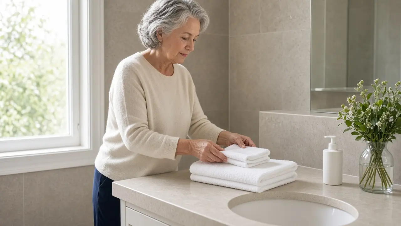 A woman stacking a thin cloth on a thicker one