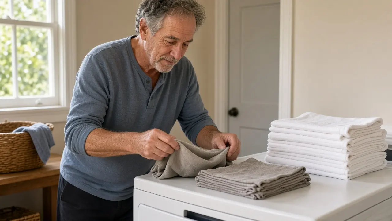 A man folding laundry beside two stacks of cloths