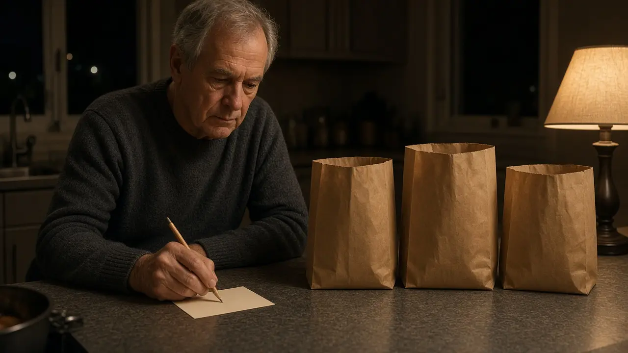 A man sorting three plain bags by size at night