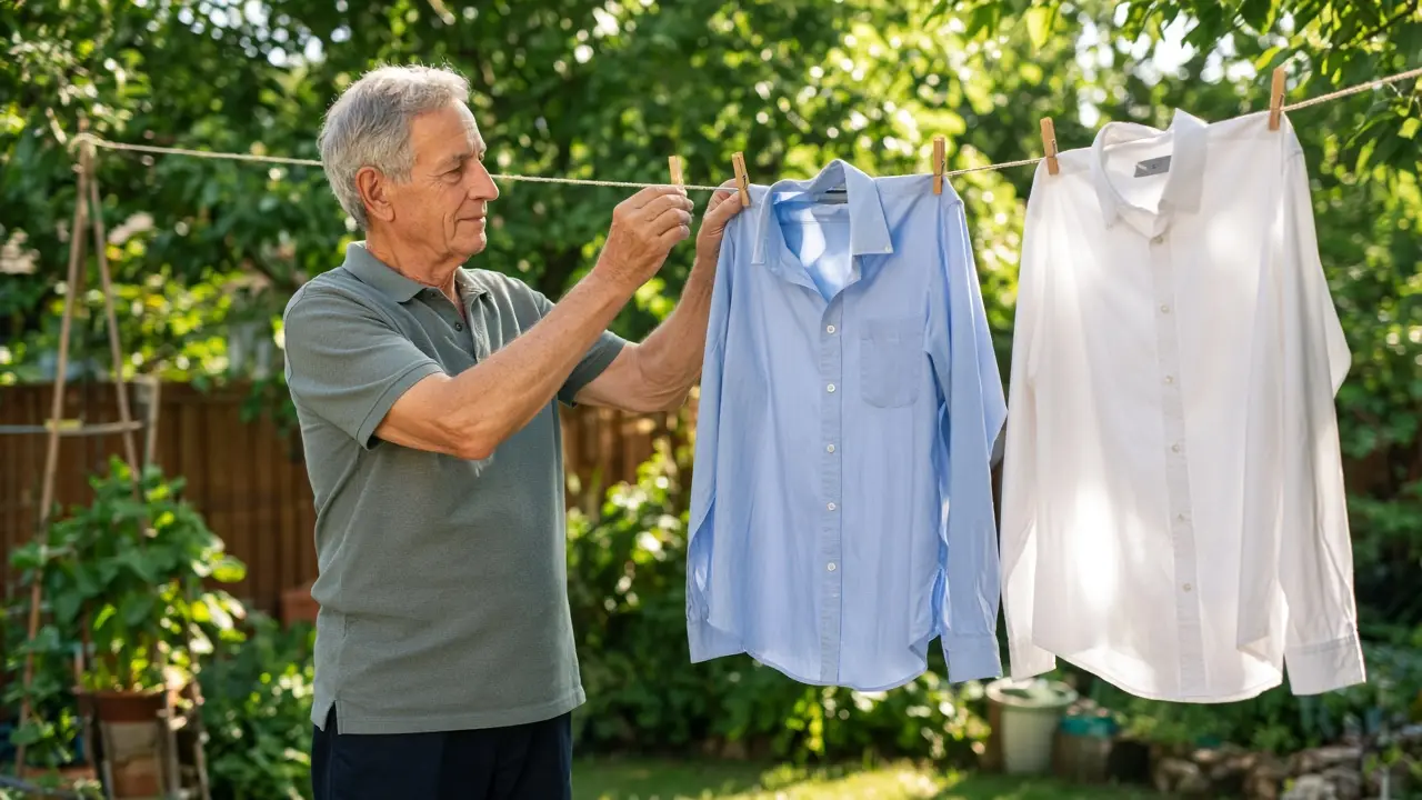 A man hanging shirts on a backyard line