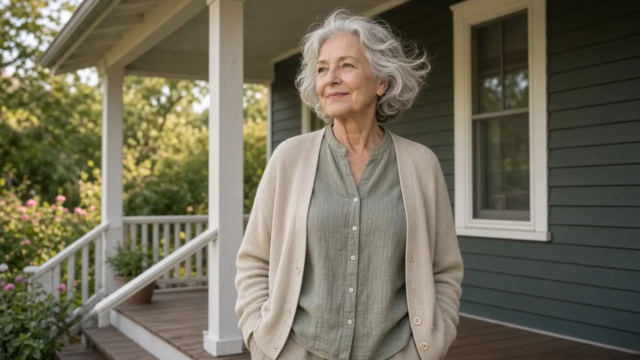 A woman on a porch in a light cardigan