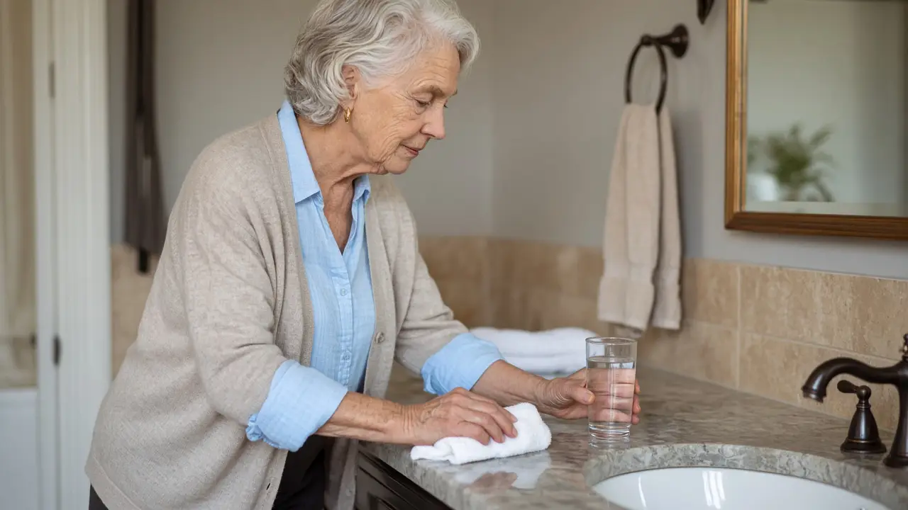 A woman setting a washcloth and water on the counter