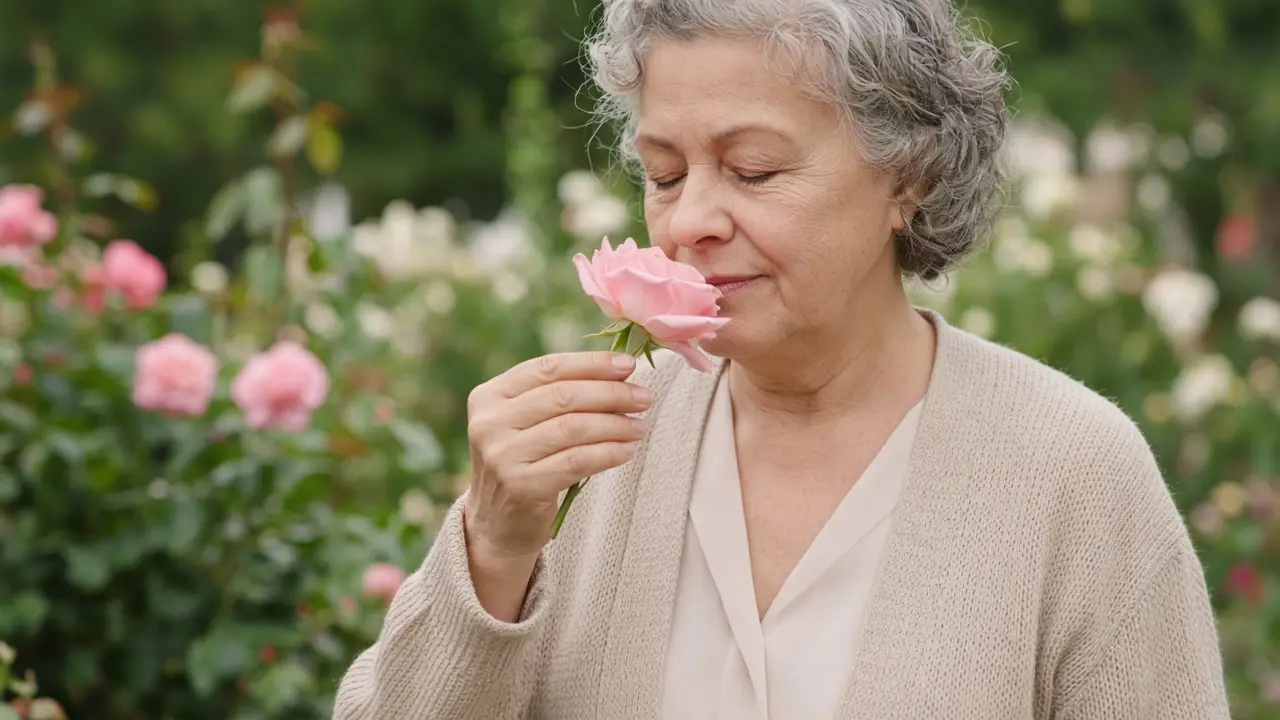 A woman smelling a rose in a garden
