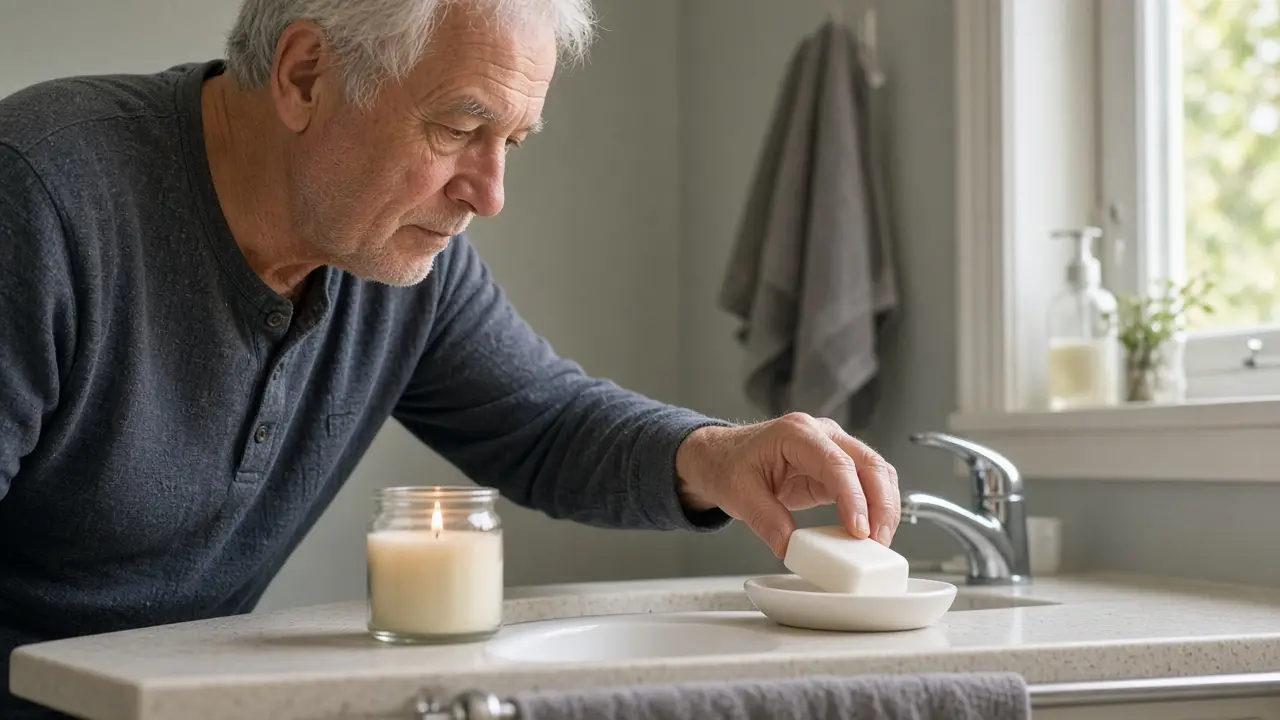 A man choosing a plain soap beside a candle