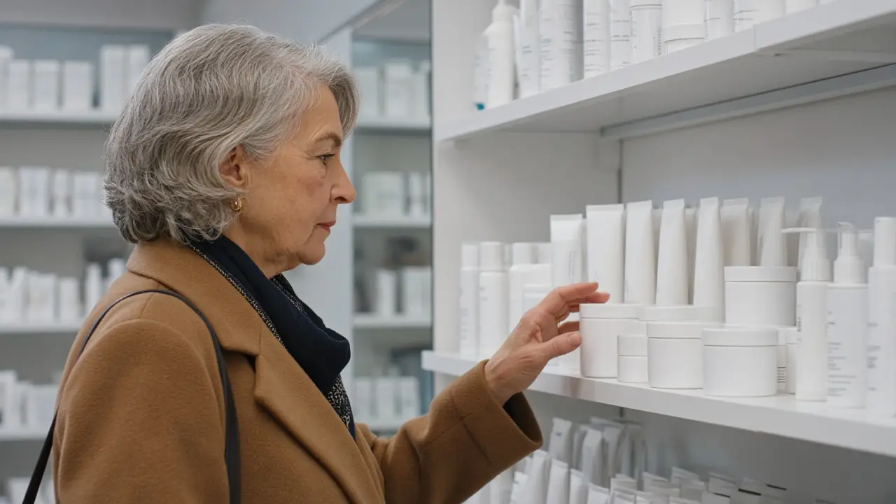 A woman shopping plain jars on a pharmacy shelf