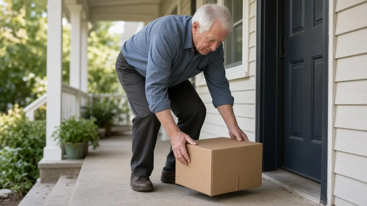 A man picking up a plain box on the porch