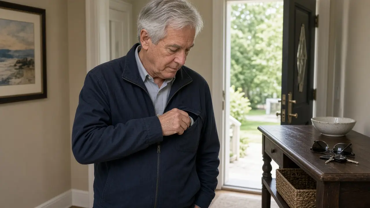 A man slipping a small pouch into his jacket