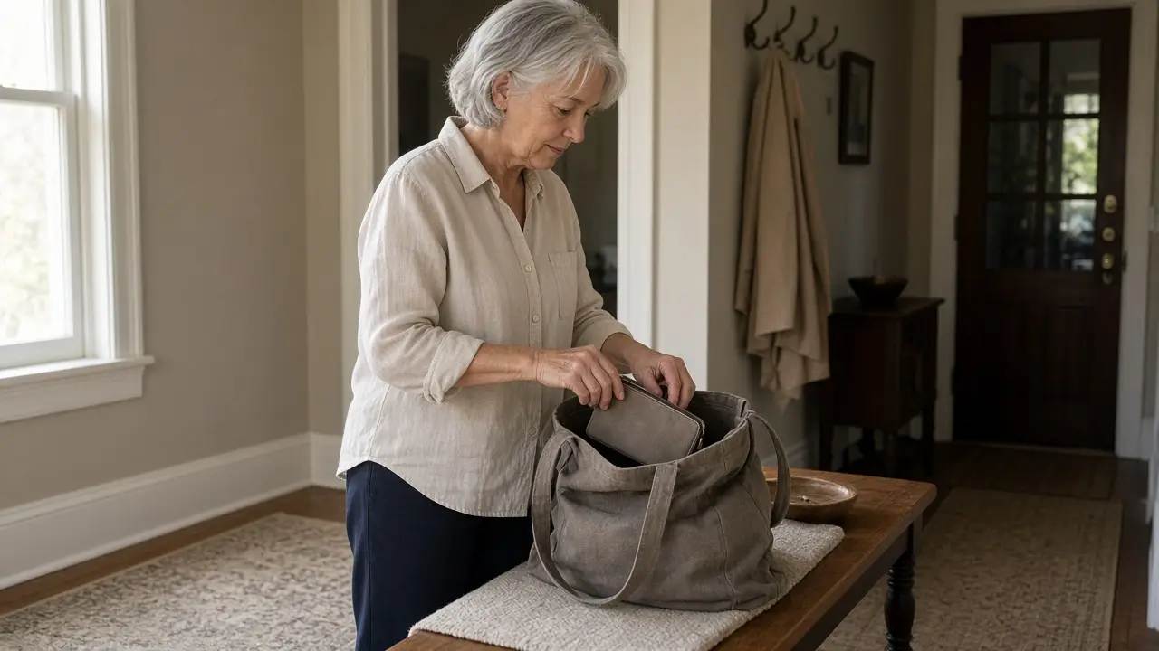 A woman packing a small pouch into a tote