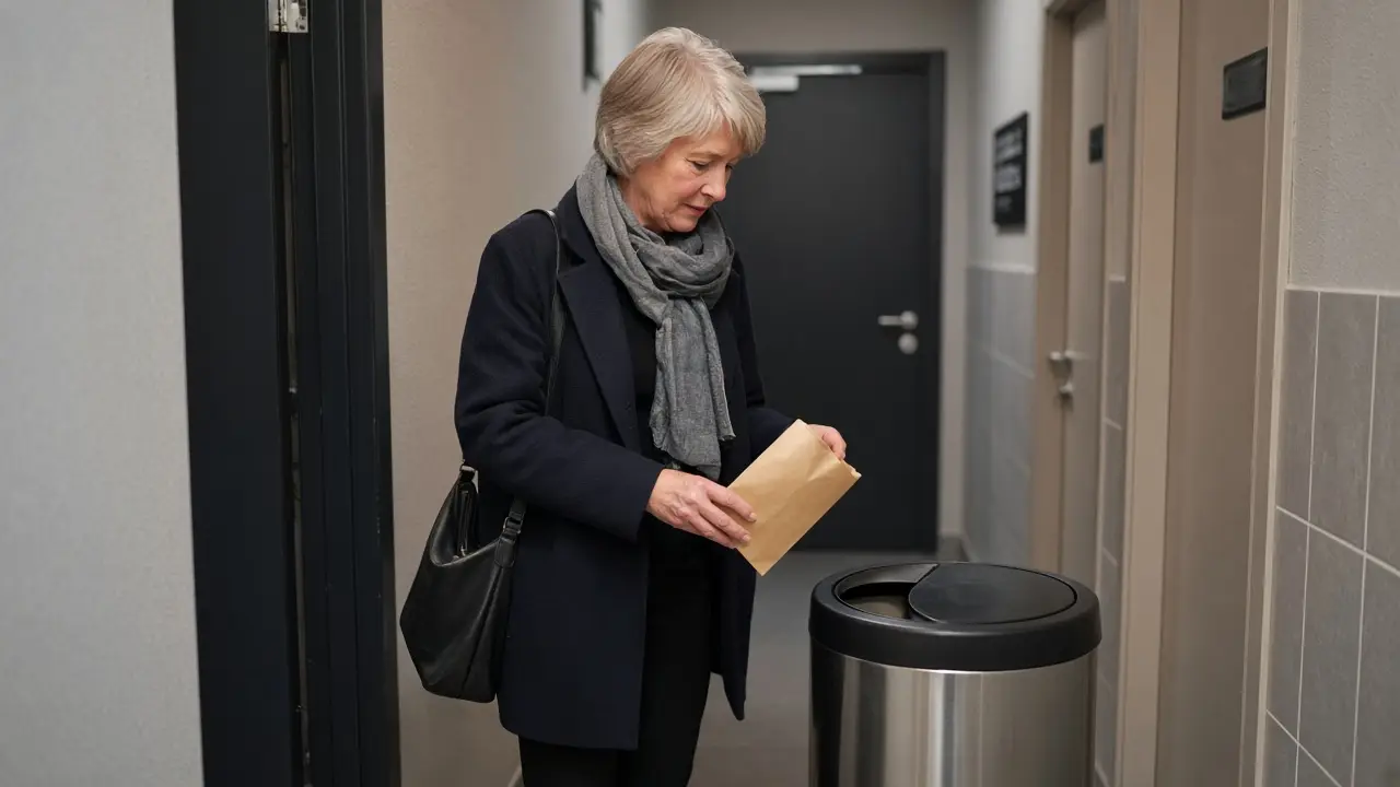 A woman with a small paper bag by a cafe trash