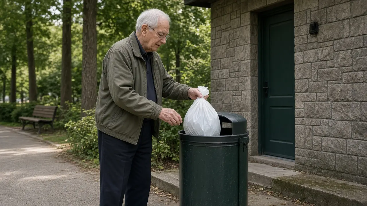 A man dropping a tied bag into a park trash can