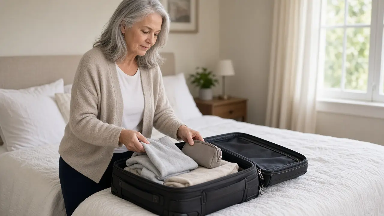 A woman packing a pouch into a suitcase