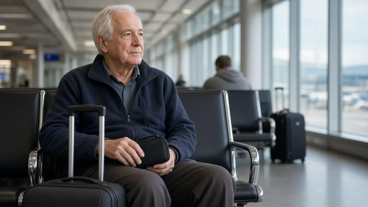 A man waiting at an airport gate with a small pouch