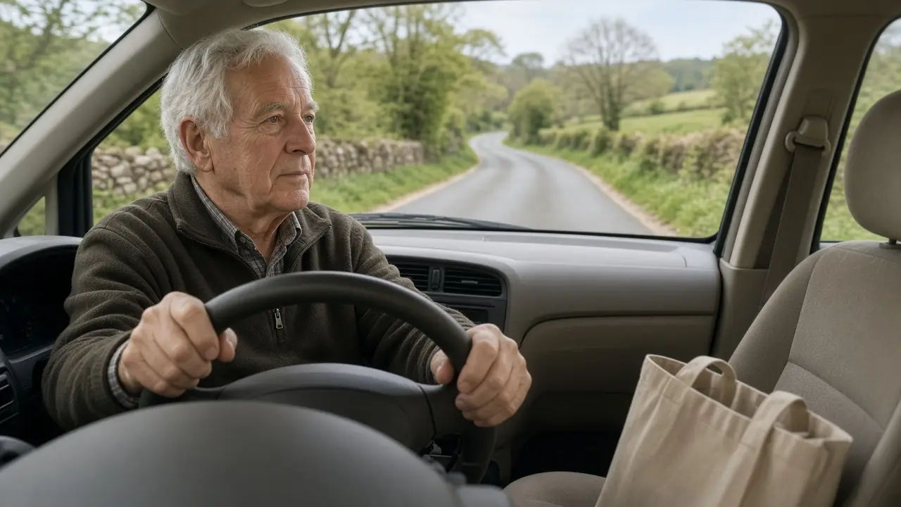 A man driving with a tote on the passenger seat