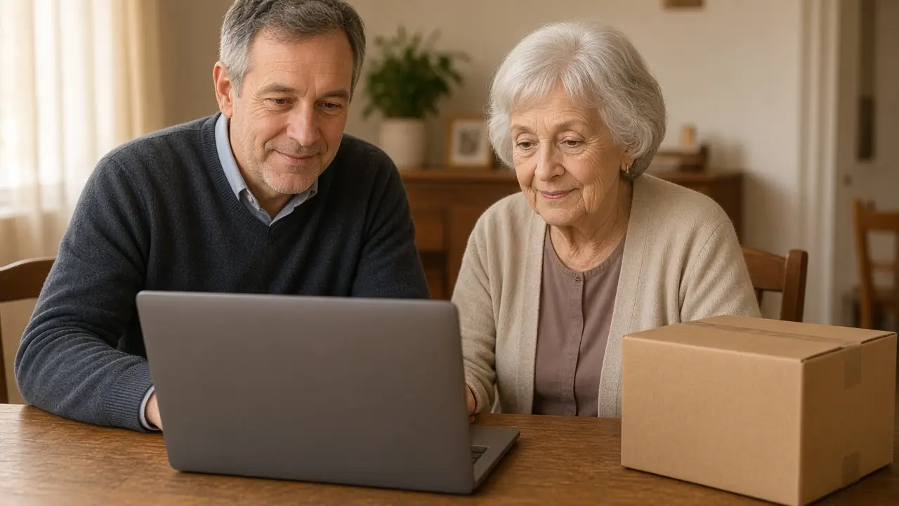 A son and his mother looking at a laptop beside a box