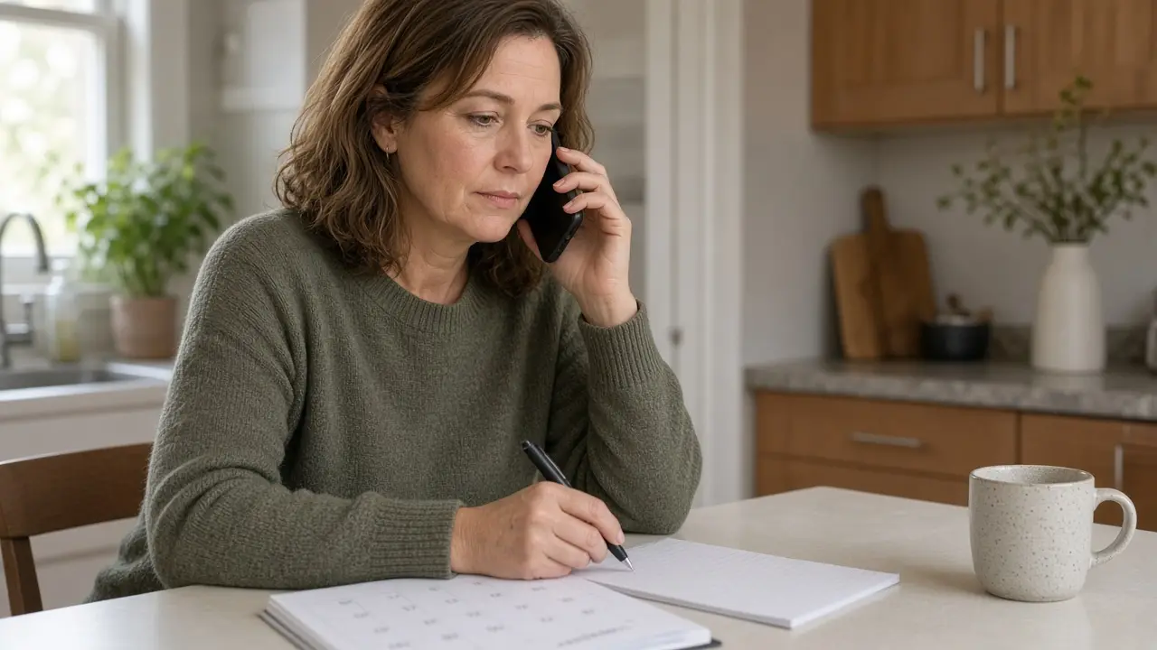 A daughter reordering on the phone with a notepad