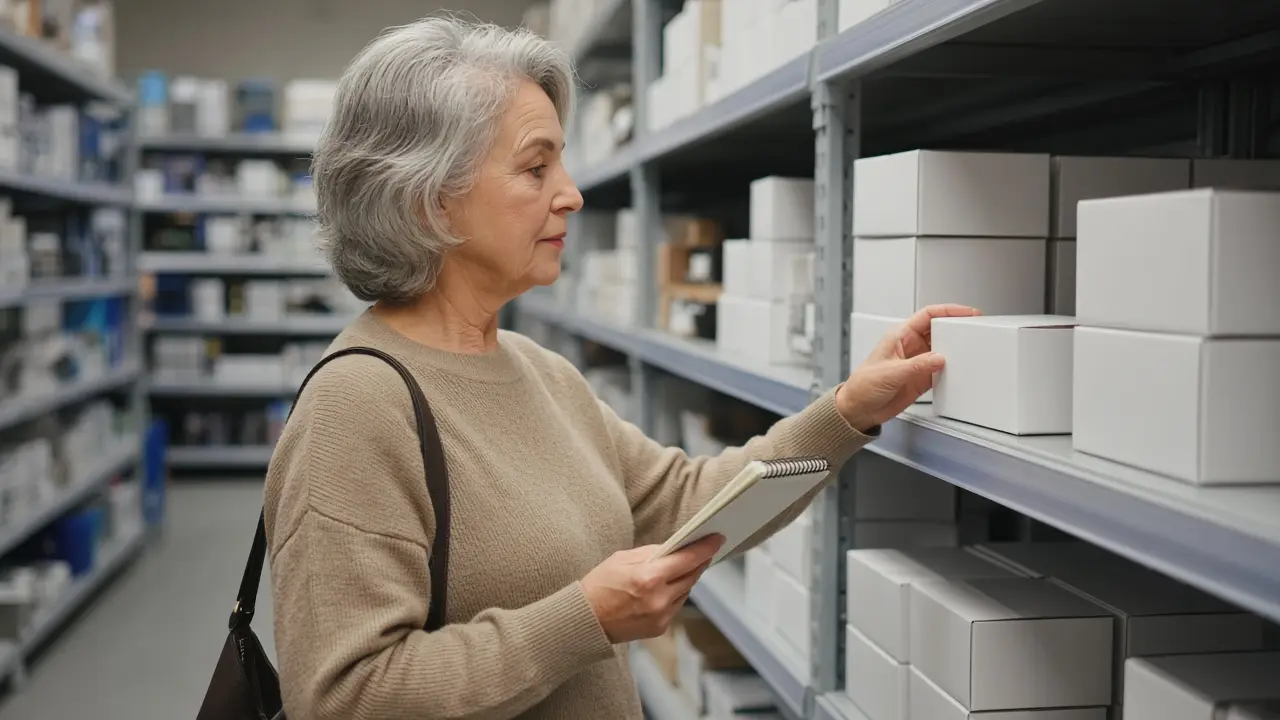 A woman with a notepad choosing a plain box