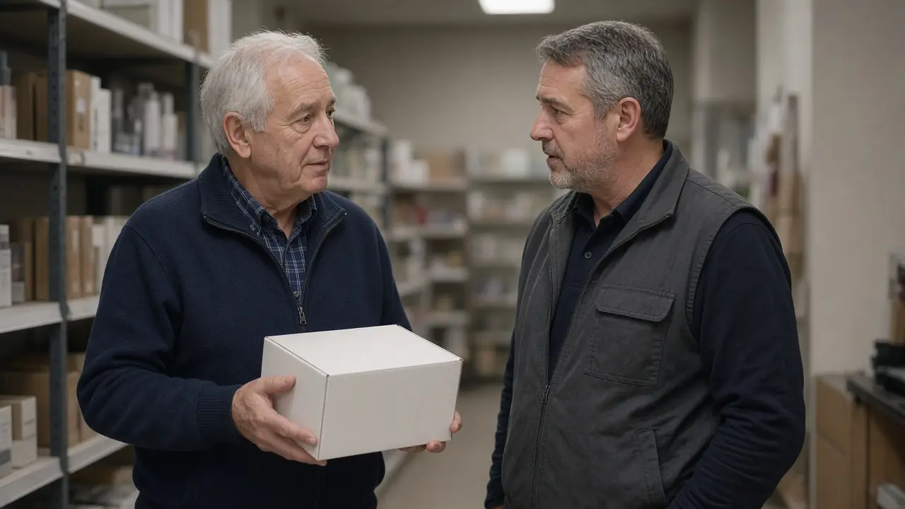 A man asking a store associate about a plain box