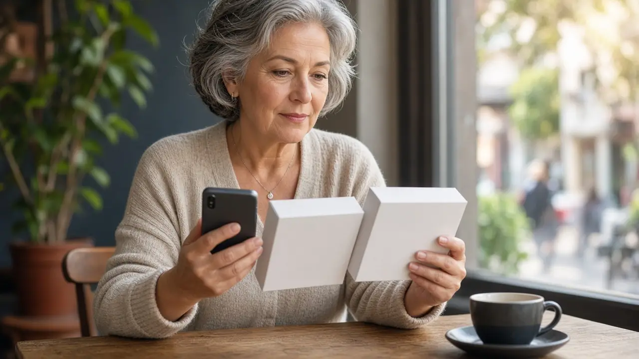 A woman comparing two plain boxes with her phone