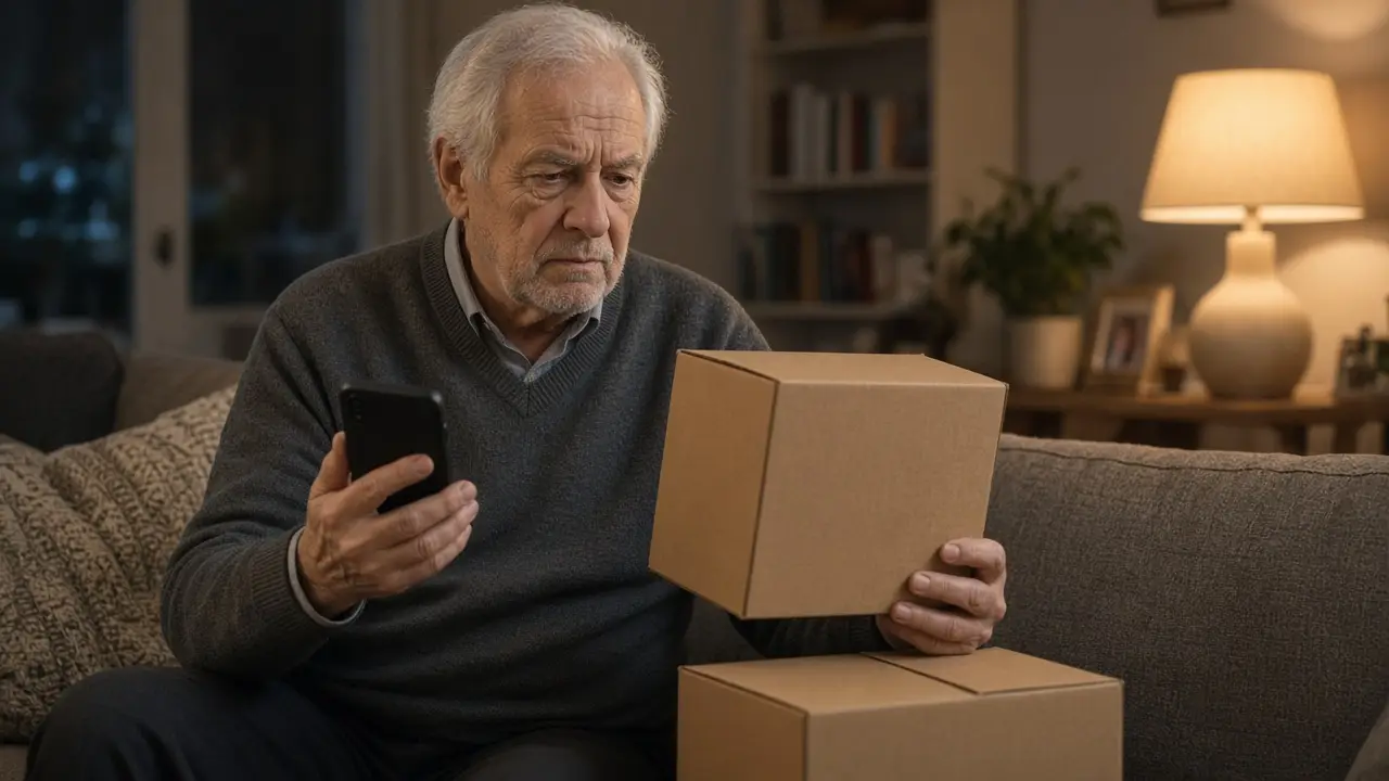 A man comparing two boxes on the sofa with his phone