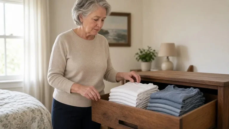 An older woman looks through an open dresser drawer of folded white and blue shirts.