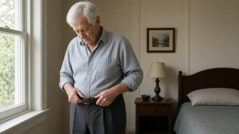 An older man in a bedroom fastens a brown leather belt.