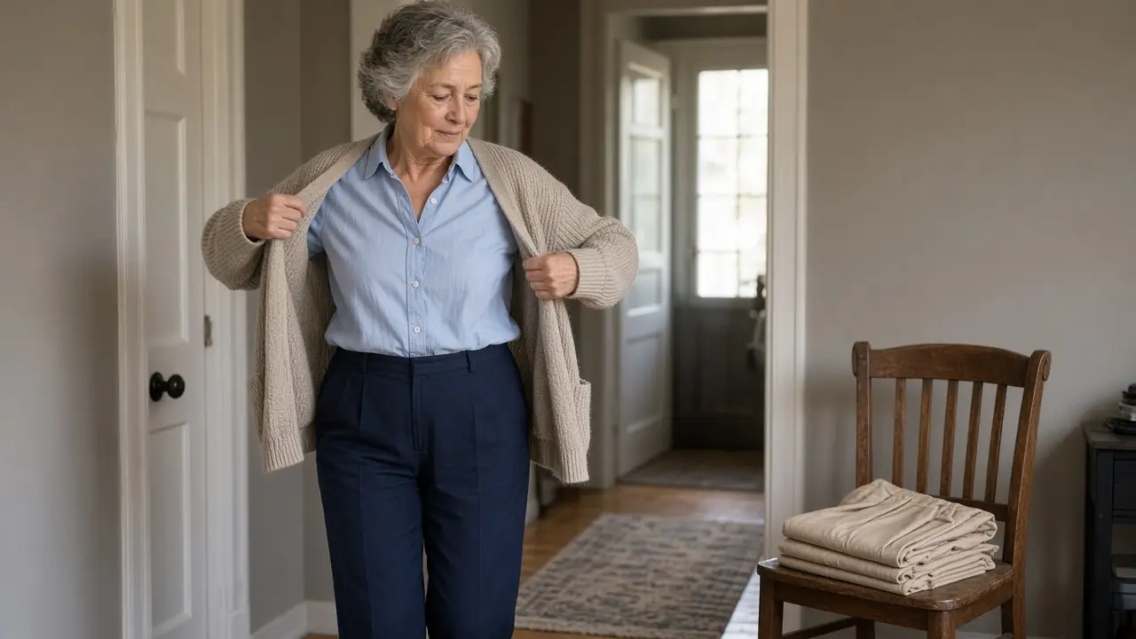 A woman pulling on a cardigan beside folded trousers