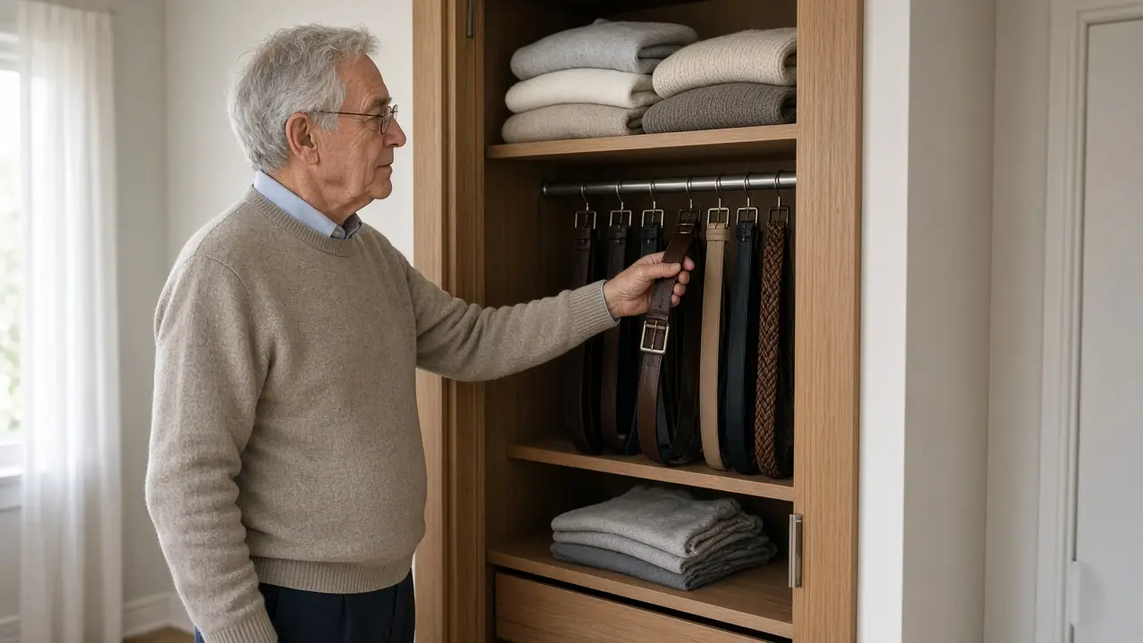 A man choosing a belt from the closet