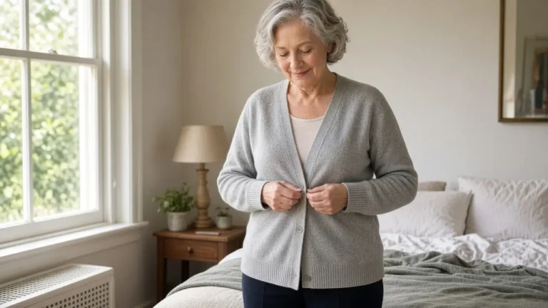 An older woman in a bedroom buttons the front of a gray cardigan.
