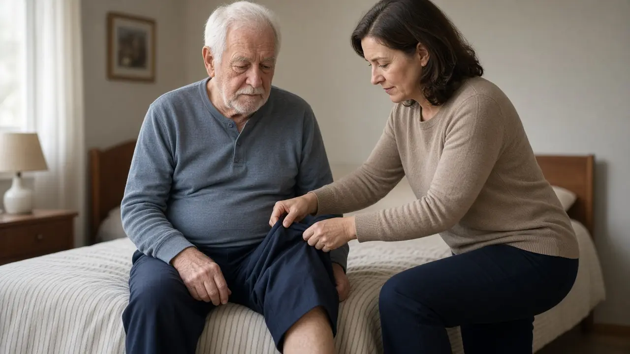 A daughter helping her father with trousers