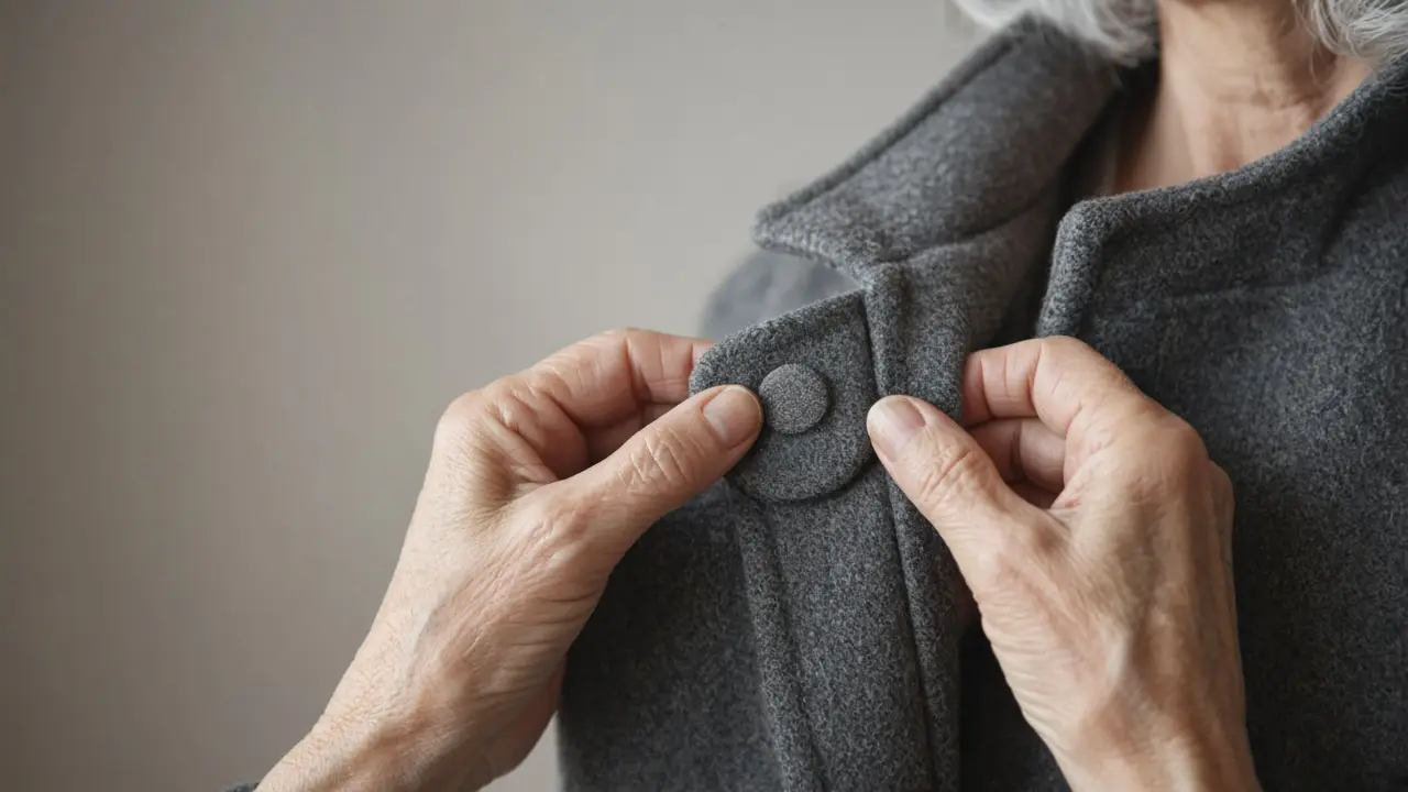 Hands fastening a snap on a wool coat
