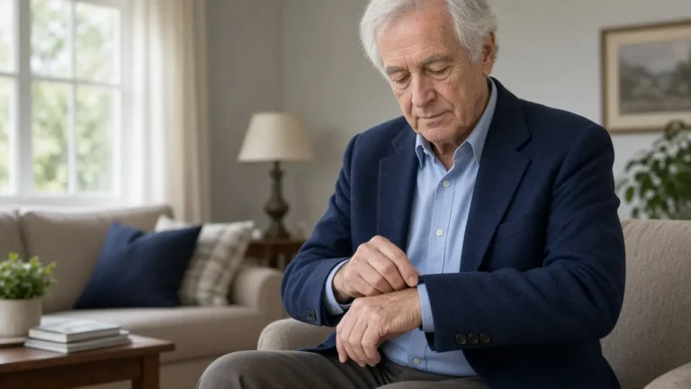 An older man in a navy blazer sits on a sofa and adjusts the cuff of his shirt.