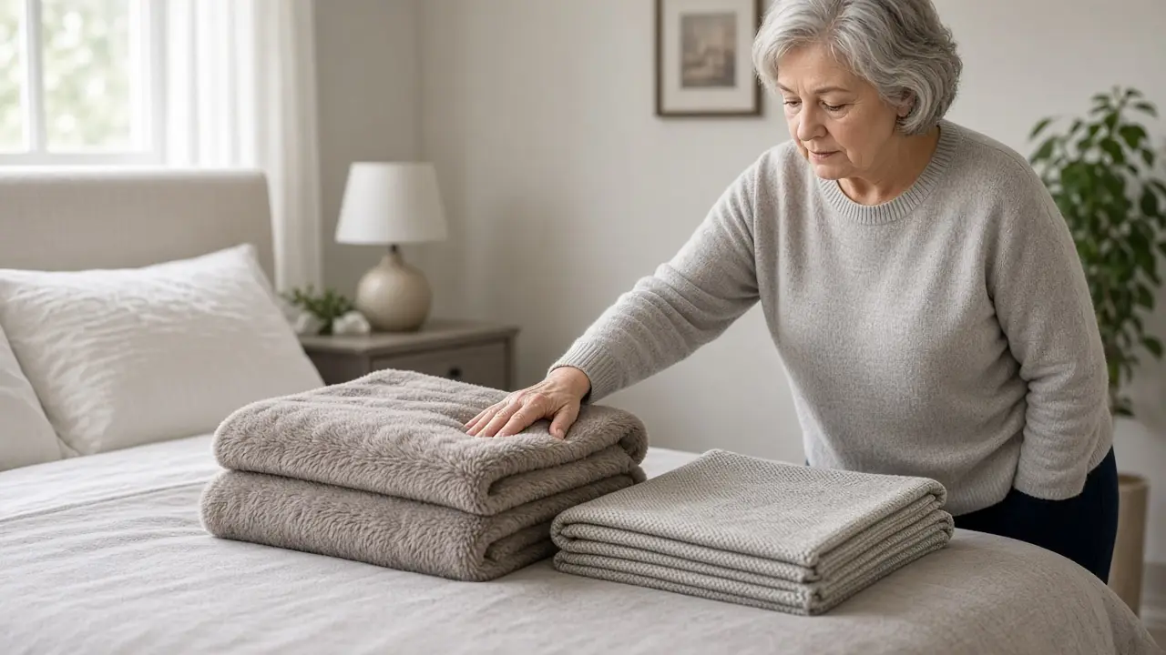 A woman choosing between a thick blanket and a thin one