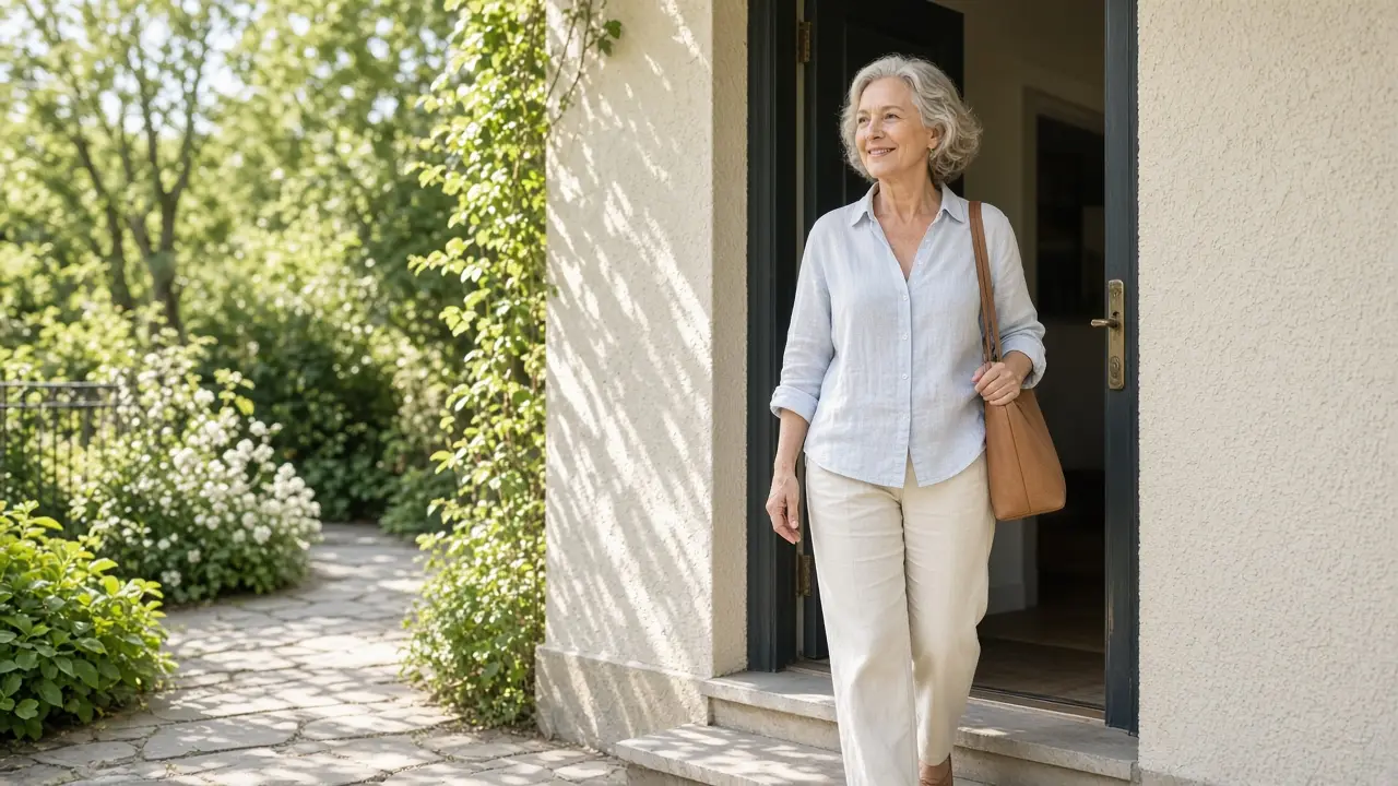 A woman leaving the house in a light daytime outfit