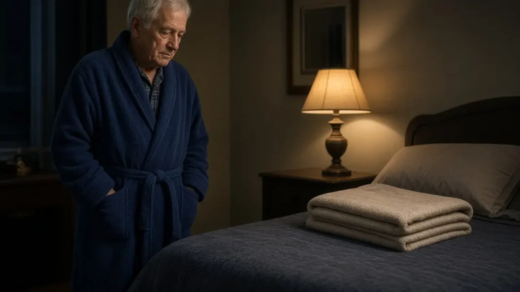 An older man in a blue robe stands beside a bed and looks at a stack of folded beige cloths.