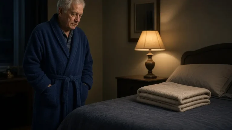 An older man in a blue robe stands beside a bed and looks at a stack of folded beige cloths.