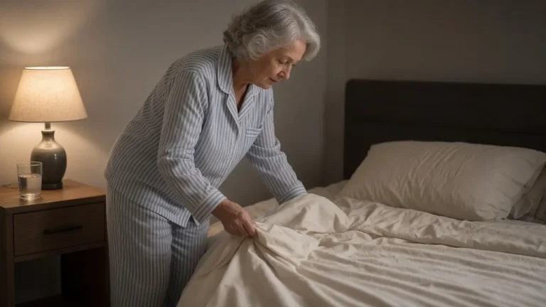 An older woman in striped pajamas turns down the sheet on a bed at night.