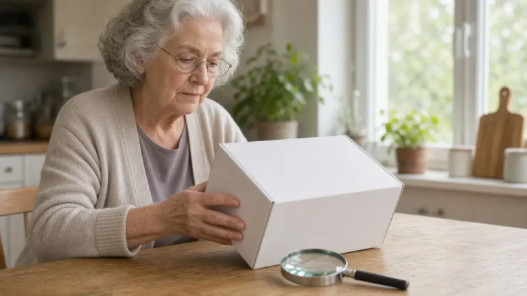 An older woman with glasses looks at a plain white box on a kitchen table, with a magnifying glass beside it.
