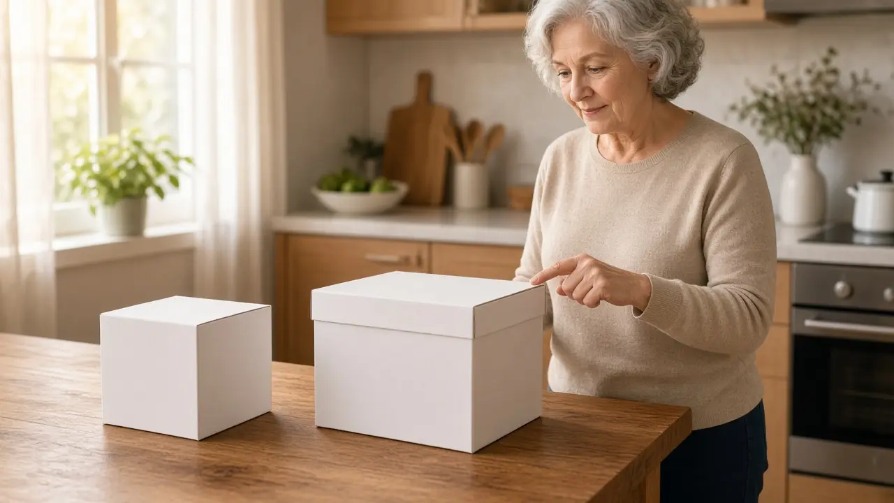 A woman comparing two plain boxes of different sizes