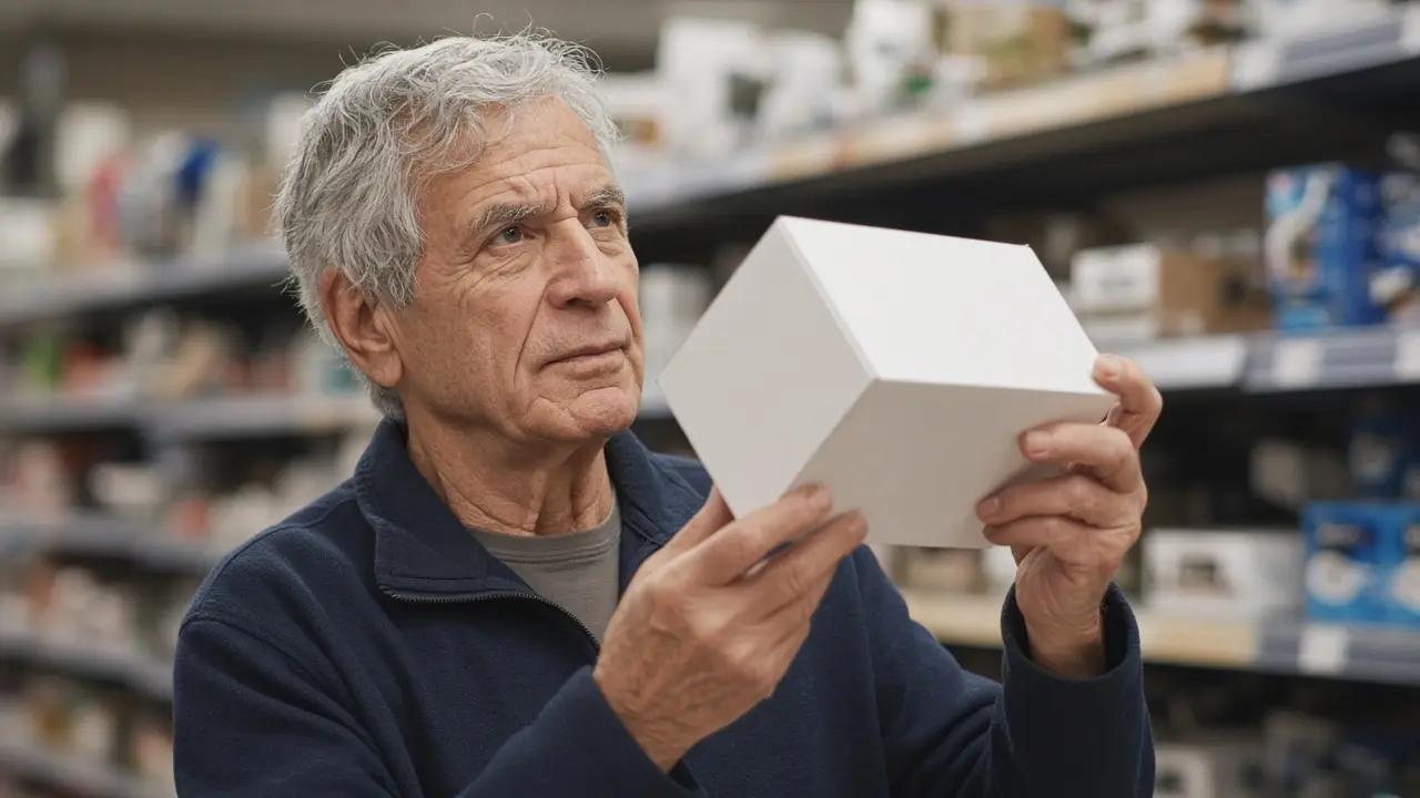 A man holding a plain white box up to the light