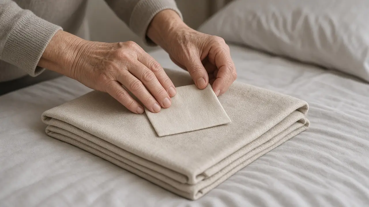 Hands placing a small cloth on a folded blanket