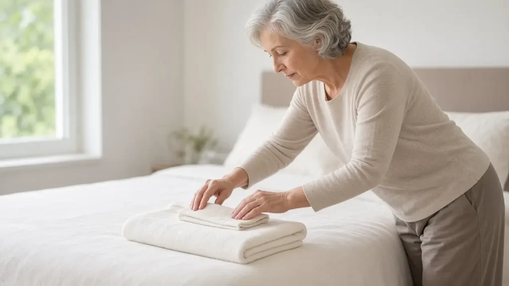 An older woman sets a smaller folded white cloth on top of a larger folded white cloth on a bed.