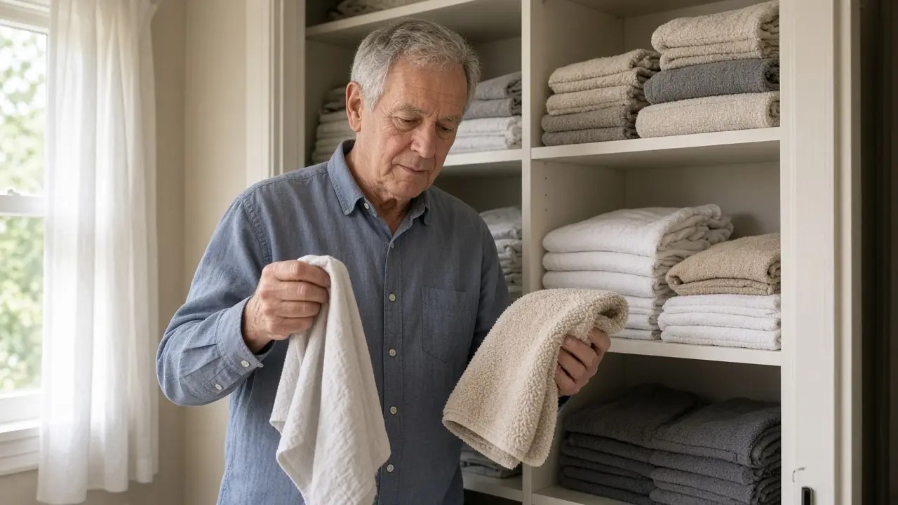 A man comparing a thin cloth and a thicker towel