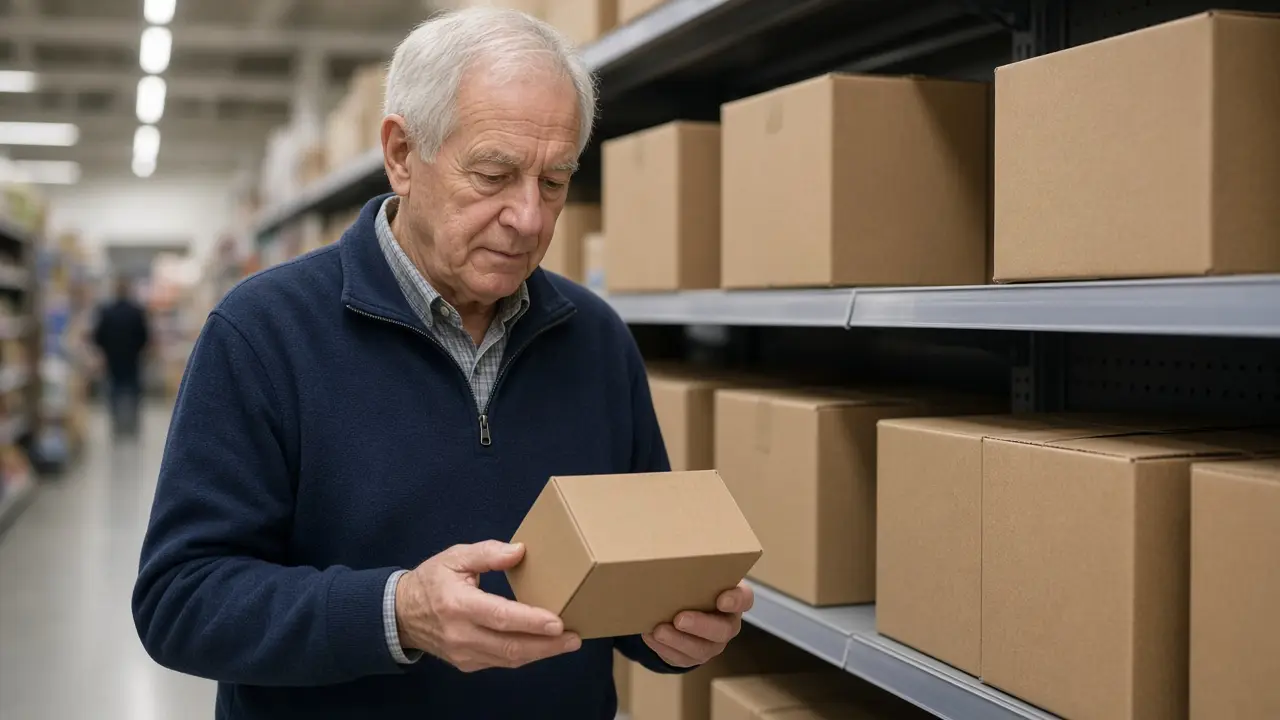 A man holding a small plain box in a store aisle