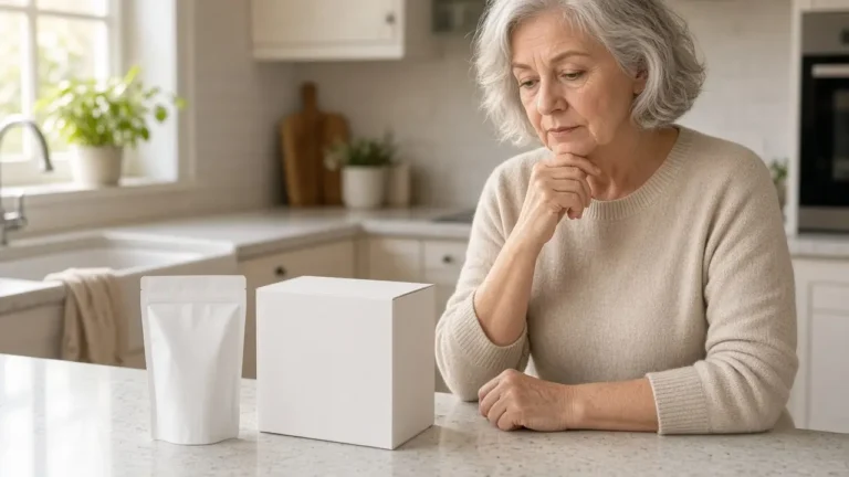 An older woman at a kitchen counter looks at a white pouch and a plain white box.