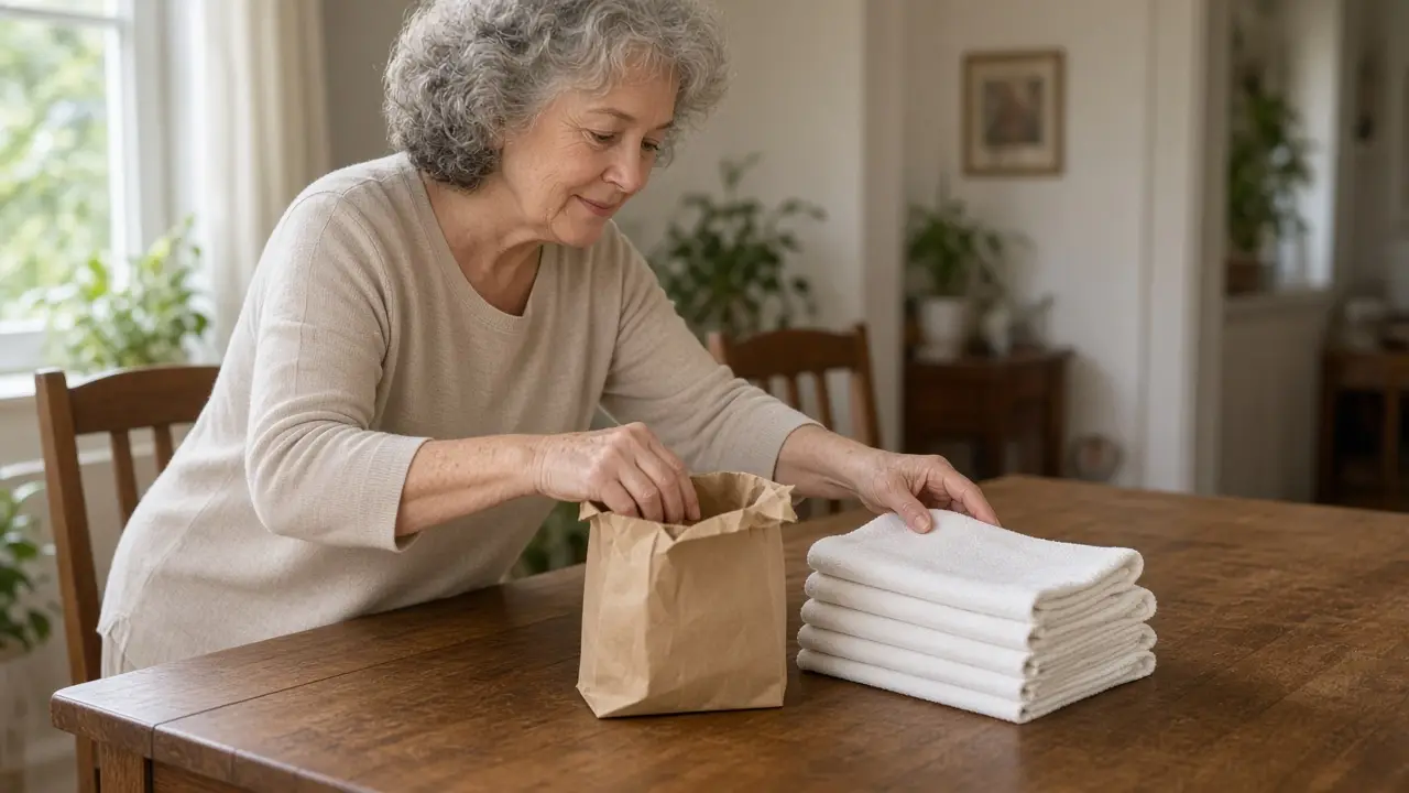 A woman unpacking folded cloths from a paper bag