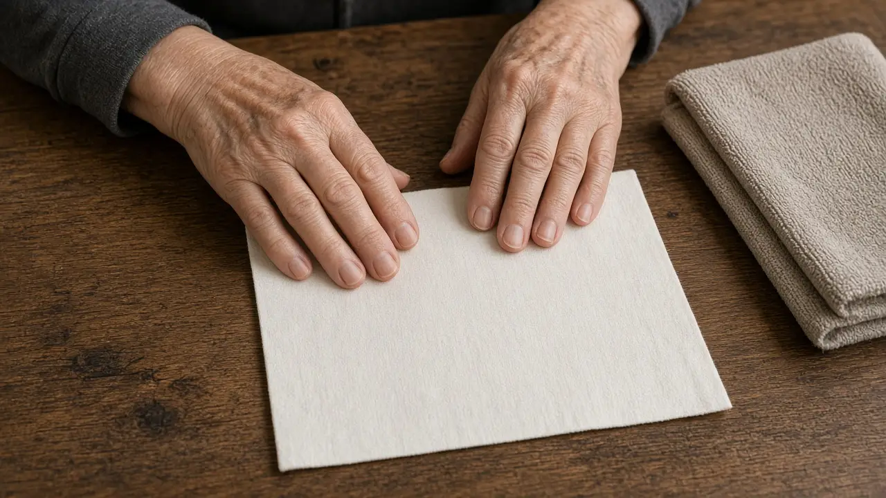 Hands smoothing a plain cloth with no sticky strip