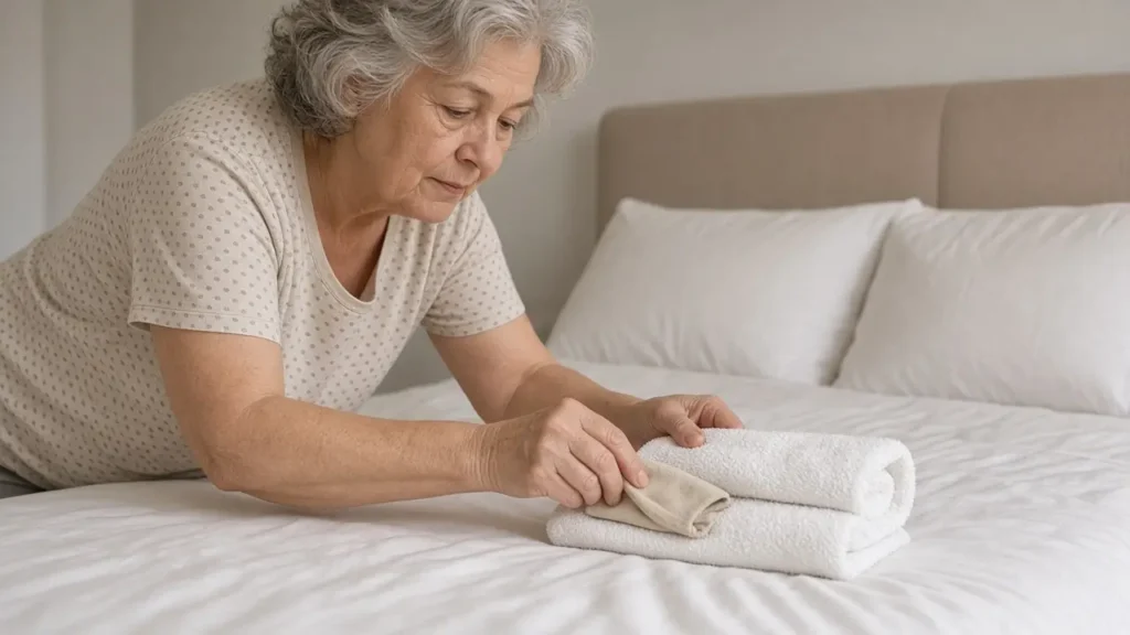 An older woman on a bed places a small beige cloth on a folded white towel.