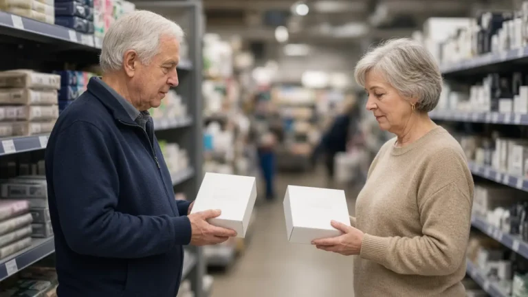 An older man and an older woman in a store aisle each hold a plain white box.